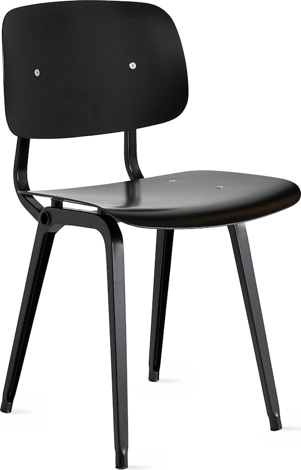 A front angle view of the Revolt Chair with black seat and back, and black frame.